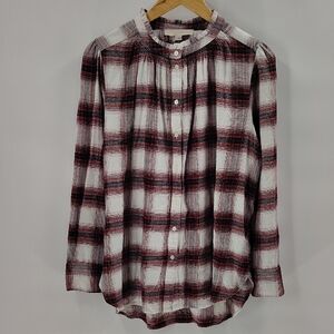 LOFT Button Up Blouse Size Large Red White Black Plaid Long Sleeve Flannel